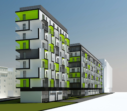 Budynek mieszkalny widok z tyłu na elewacje w kształcie zygzaka zaprojektowane przez wrocławskich architektów