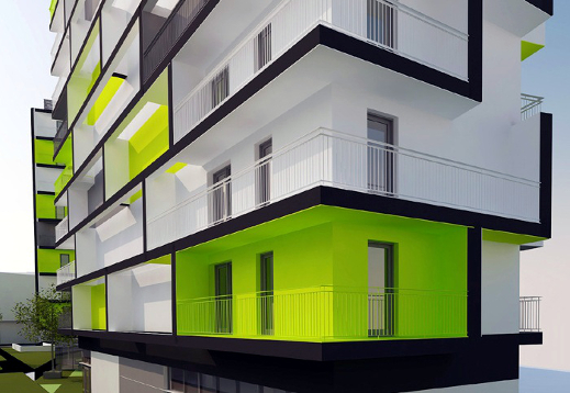 Budynek mieszkalny autorstwa grupy architektów z Wrocławia zbliżenie na kolorową elewację