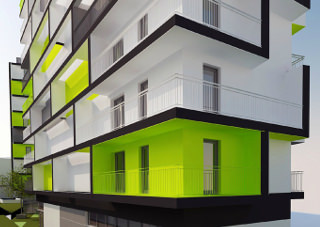 budynek z kolorowymi loggiami autorstwa architektów z Wrocławia zbliżenie na elewację