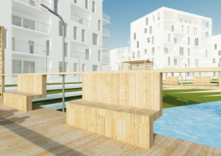 widok z nabrzeża na białe budynki mieszkalne projektu architektów z Wrocławia